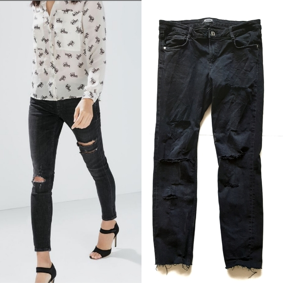 Zara Denim - Zara Midrise Black Destroyed Skinny Raw Hem Jeans